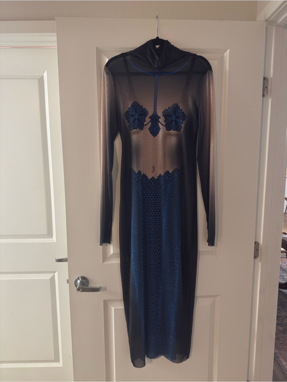 AFRM Black and Blue Sheer Long-Sleeve Mesh Midi Dress